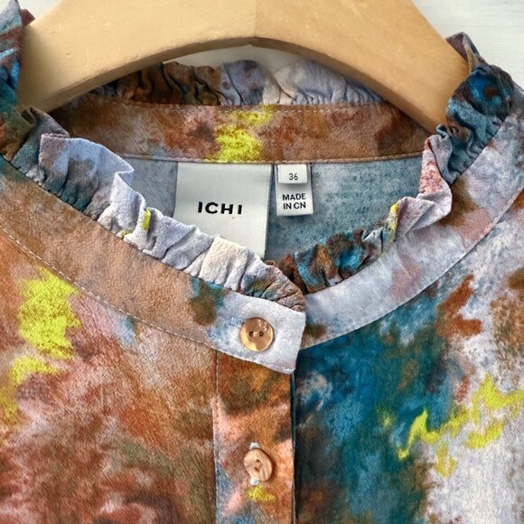 SIZE 8 ICHI Womens 36 Multicolor Dyed Midi Button Front Long Sleeve Shirt Dress - Picture 3 of 9